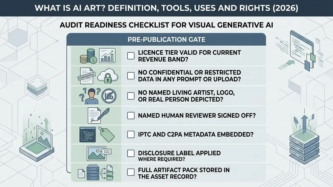 Checklist of seven pre-publication requirements for AI art with corresponding icons for each step
