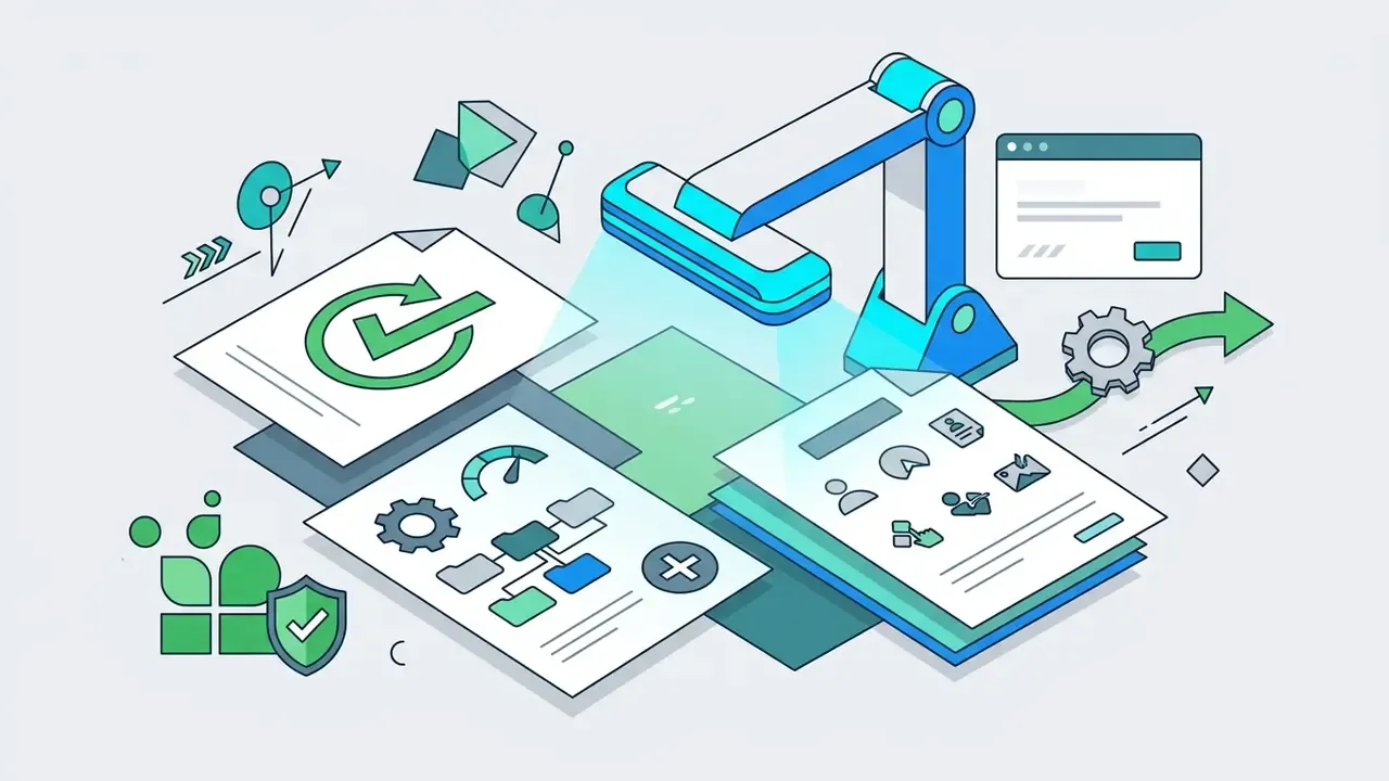 Robotic scanner analyzing documents with icons for file structure, branding, and approval status