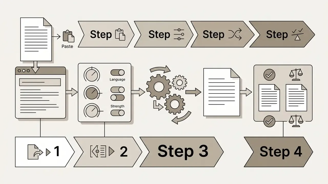 Sequential process diagram showing text input, parameter adjustment, gear-driven transformation, and review