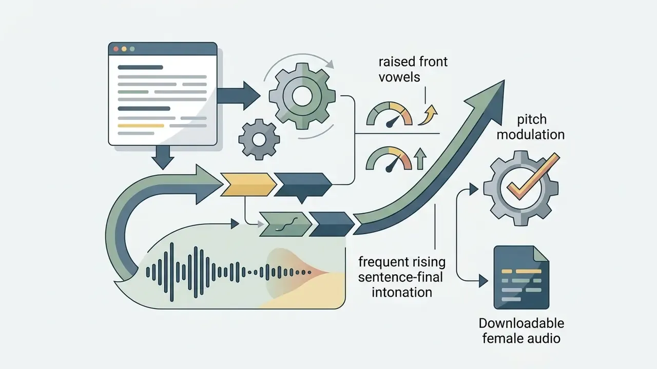 Diagram showing text processing, vowel adjustment, and pitch modulation for an AI female voice generator