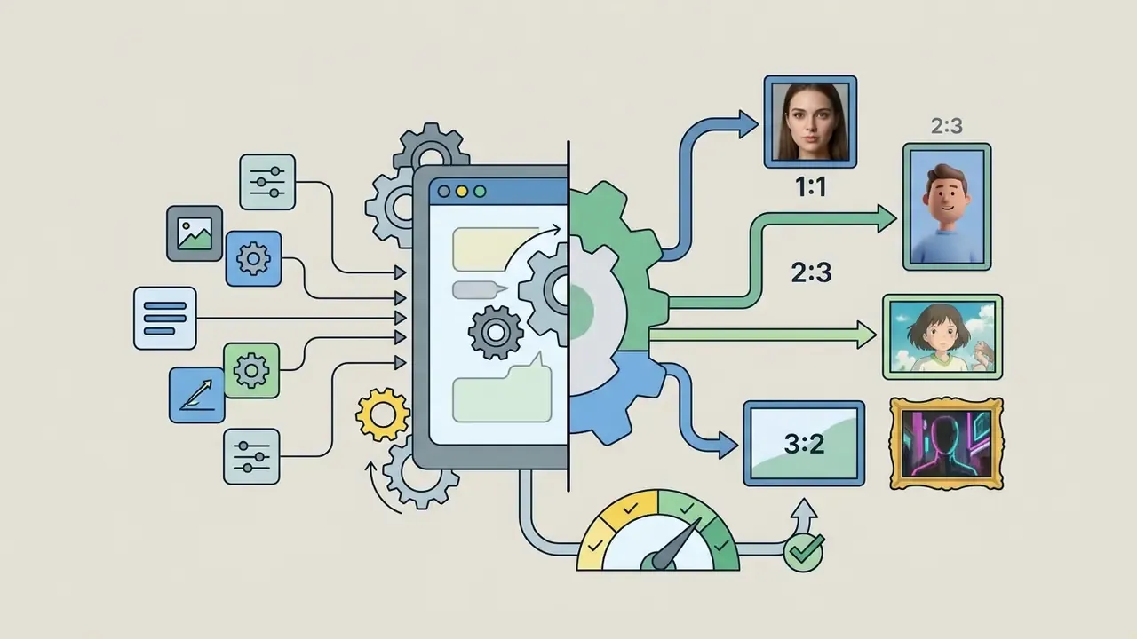 Central interface processing input icons into various portrait aspect ratios and artistic style presets
