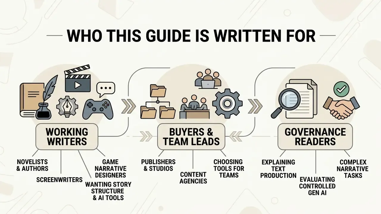 Infographic showing three reader groups for an AI plot generator including writers, team leads, and governance
