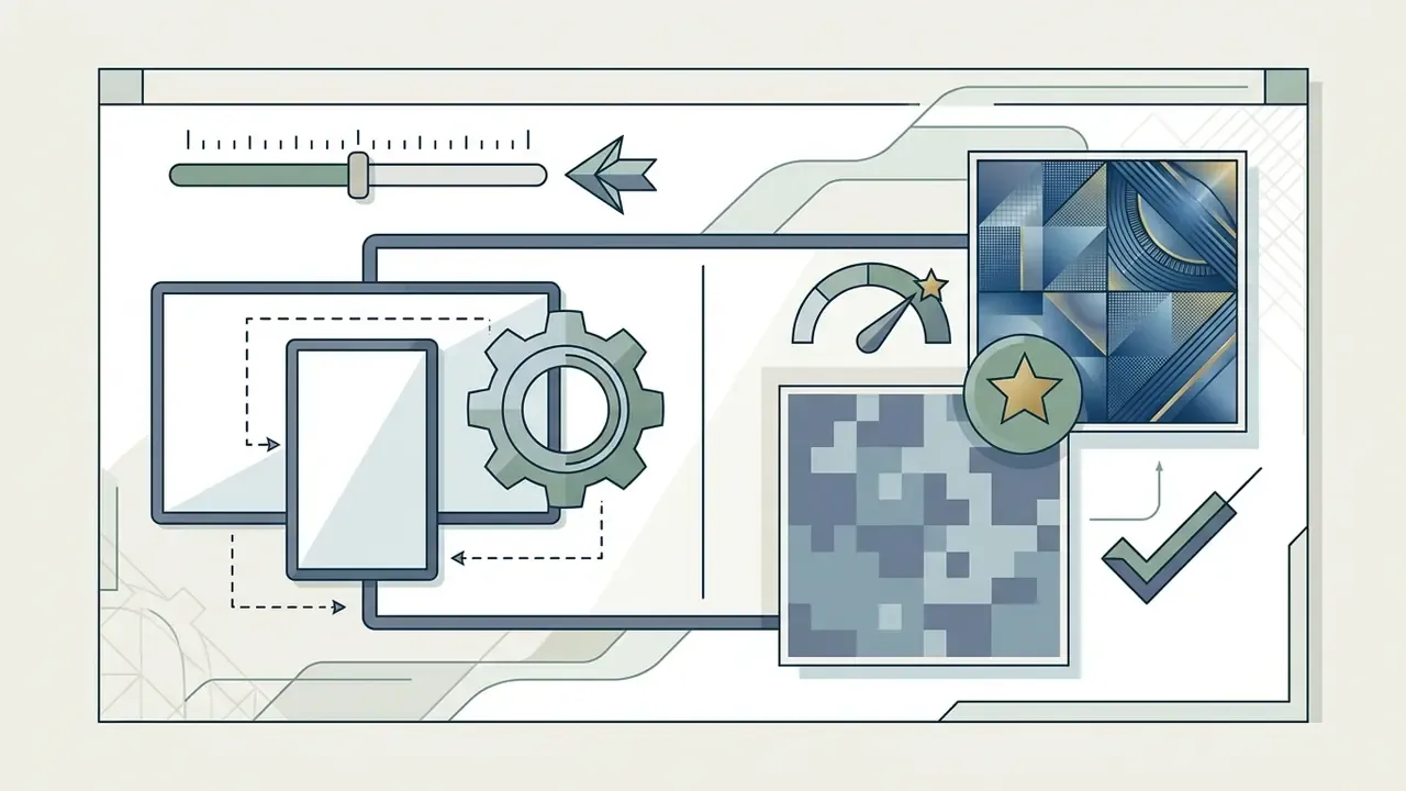 Smartphone and gear icons connected to a speed gauge and stylized art squares with a checkmark