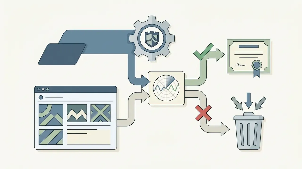 Web interface and folder data flowing through a radar scanner to either a certificate or a trash bin