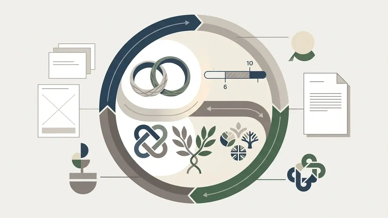 Circular process graphic featuring wedding rings, time duration markers, and symbolic icons for ceremonies