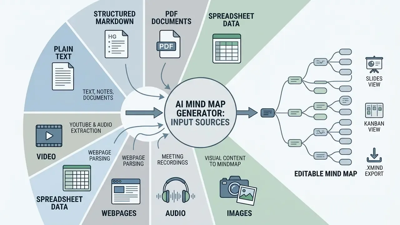 Diagram showing various file types and media sources being converted into an editable mind map