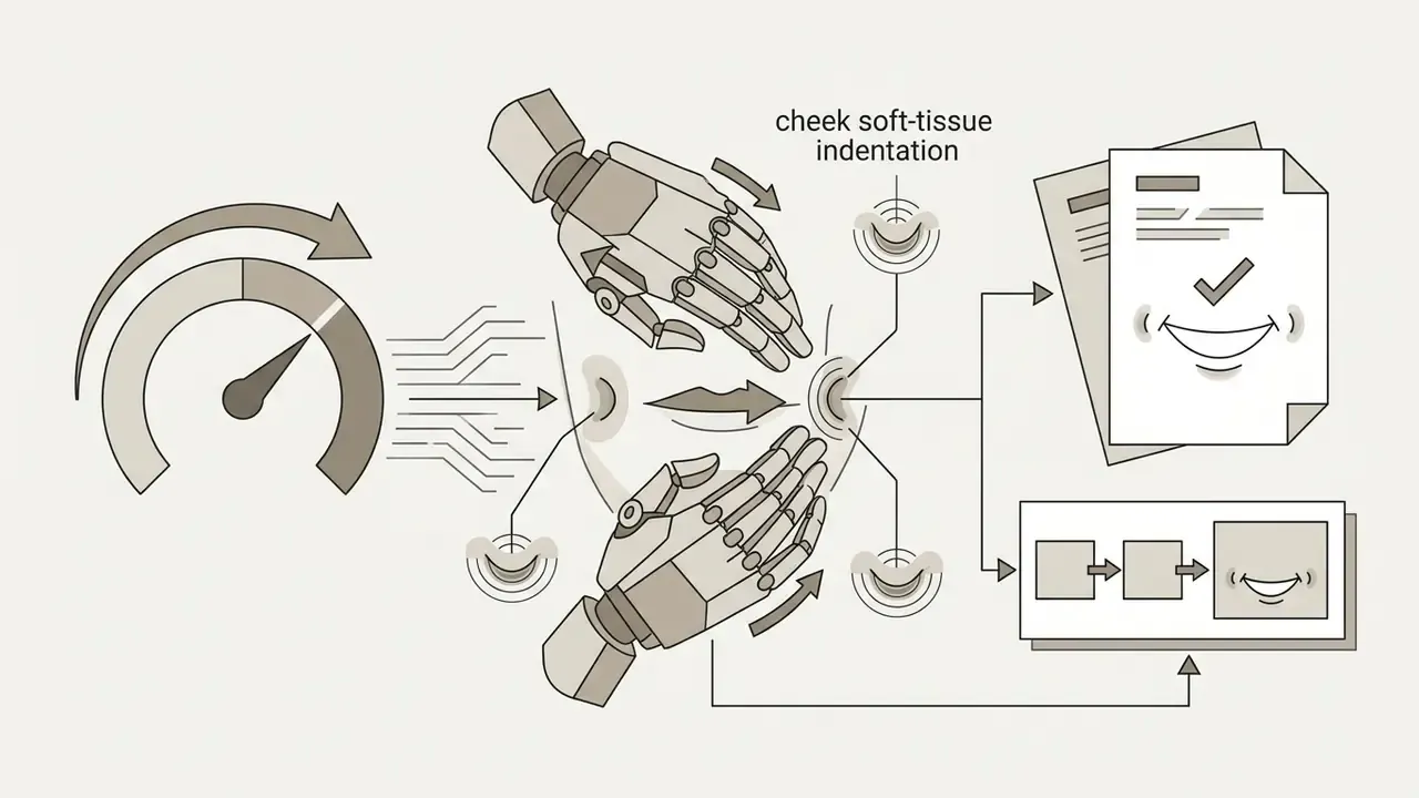 Robotic hands manipulating facial soft tissue to create dimples shown through digital processing icons