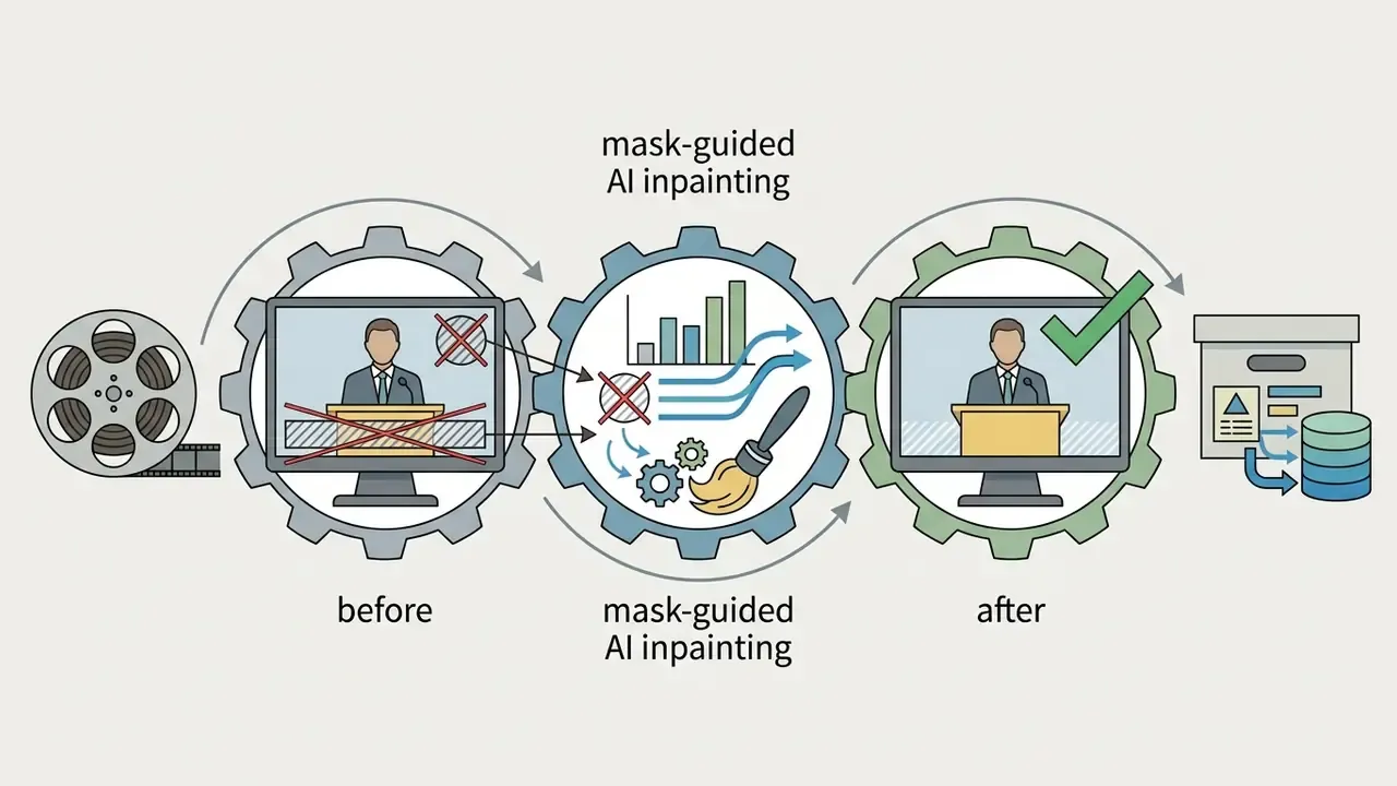 Gear-based workflow showing archival footage cleaned by AI inpainting for storage in a digital database