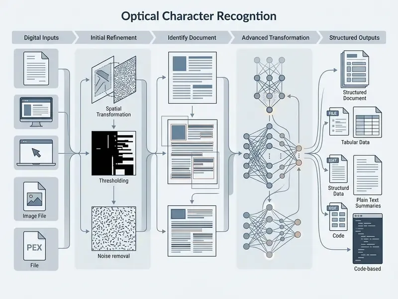 Five-stage diagram showing the progression from digital file inputs to structured data outputs