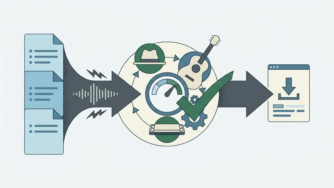 Text prompts flowing into a central processing hub with musical icons and a download interface