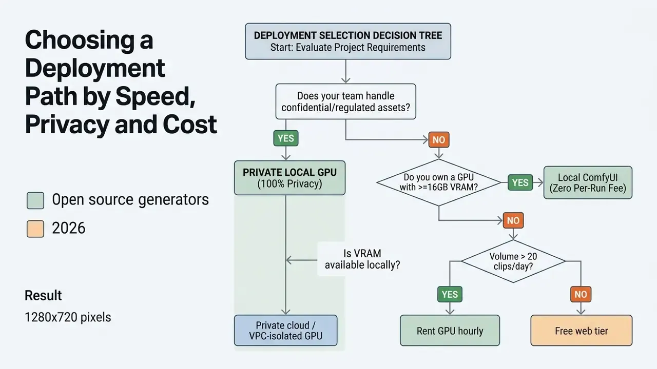 Decision tree flowchart guiding the selection of deployment methods based on privacy and hardware needs