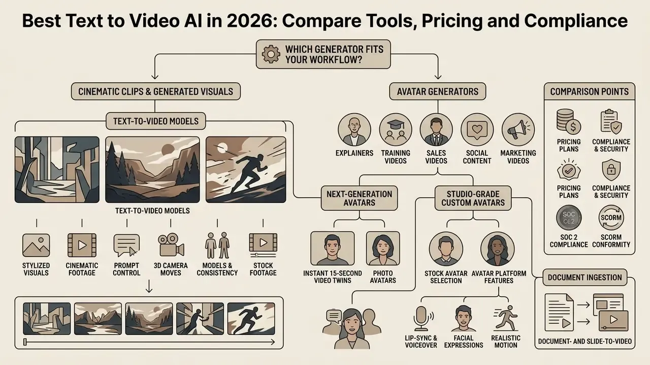 Flowchart comparing text-to-video models and AI avatar generators for various professional workflows