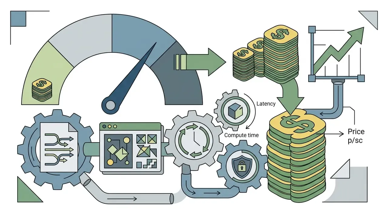 Speedometer and gear mechanism processing data into financial cost metrics and price per second stacks