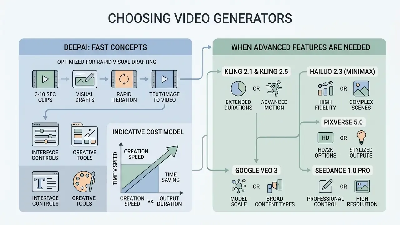 Comparison chart showing rapid visual drafting workflows versus advanced feature video generation tools