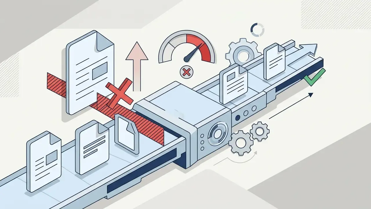Document icons moving along a conveyor belt passing a speed gauge and a red cross symbol for file limits
