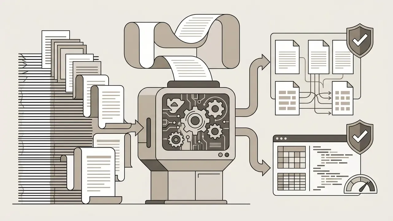 Large stack of documents feeding into a mechanical processor that outputs mapped data and code blocks