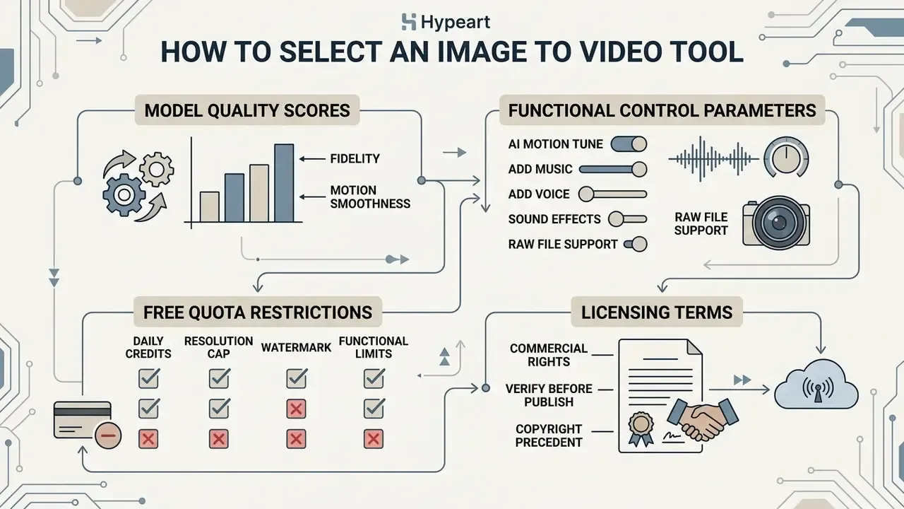 Infographic breaking down criteria like model quality, control parameters, quotas, and licensing terms