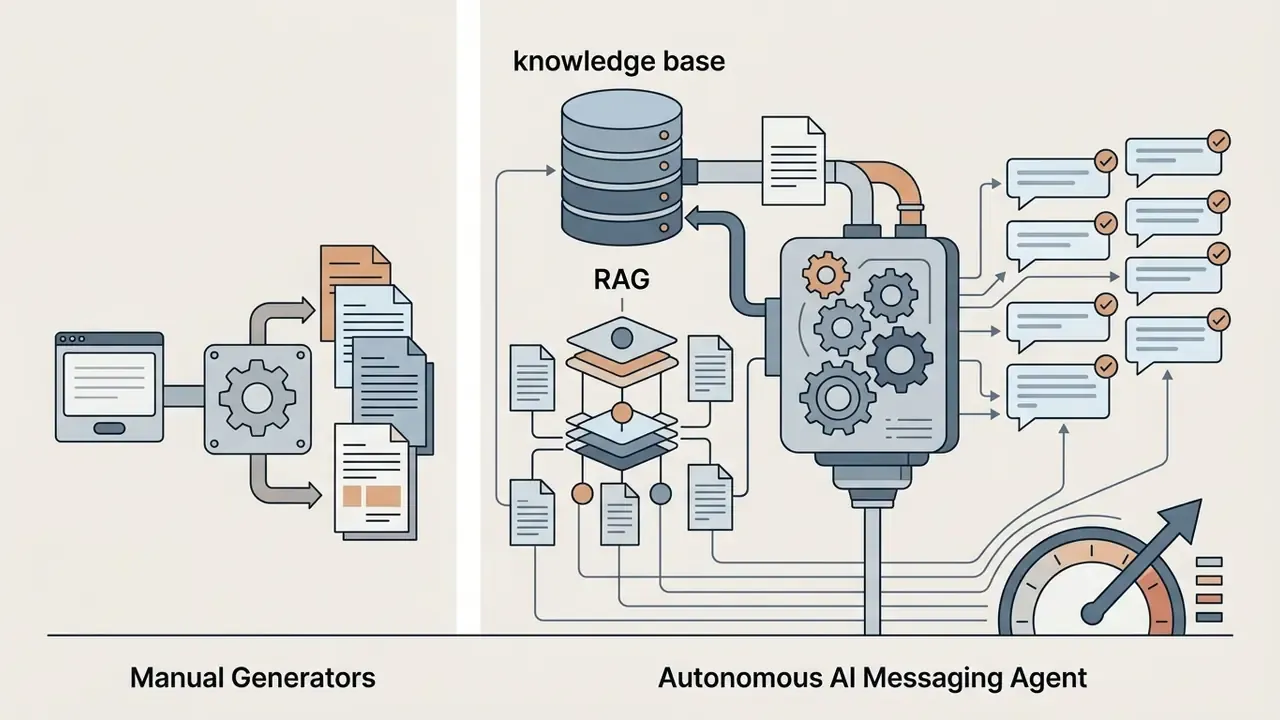 Manual text drafting versus an automated agent retrieving data from a knowledge base to produce messages
