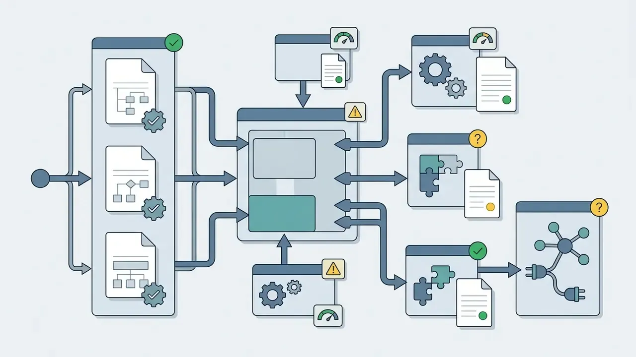 Network of documents, gears, and puzzle pieces connecting to a central processing hub with status icons
