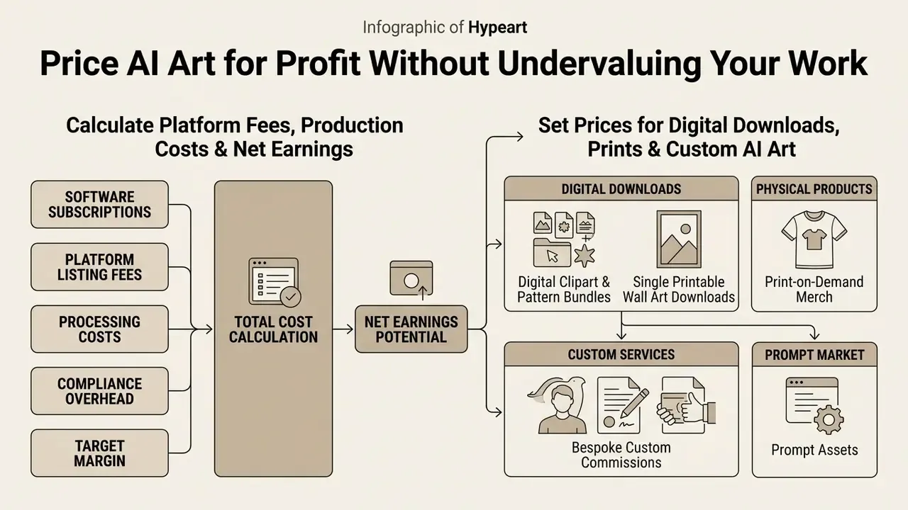 Flowchart detailing the calculation of costs and net earnings to price AI art for profit