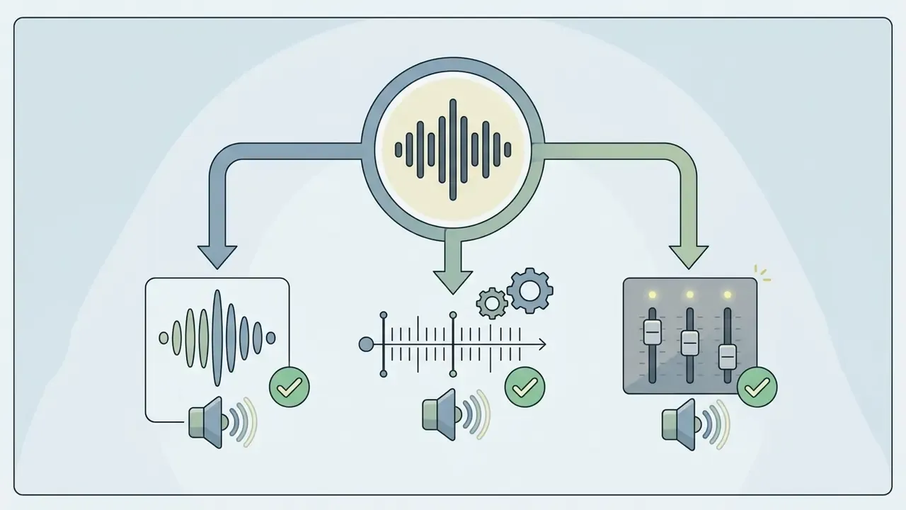 Audio waveform splitting into three paths for checking vocal clarity, rhythmic alignment and mix balance