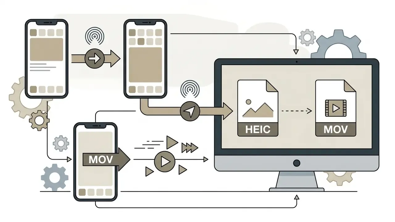 Diagram showing how to AirDrop Live Photos between mobile devices and convert them to video on a Mac