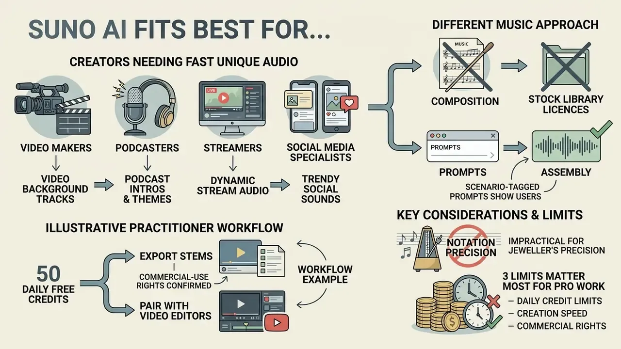 Diagram showing creator types, workflow steps, and production limits for generating custom audio