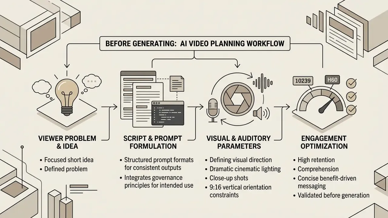 Flowchart outlining the steps to plan an AI YouTube Short from initial concept to engagement optimization
