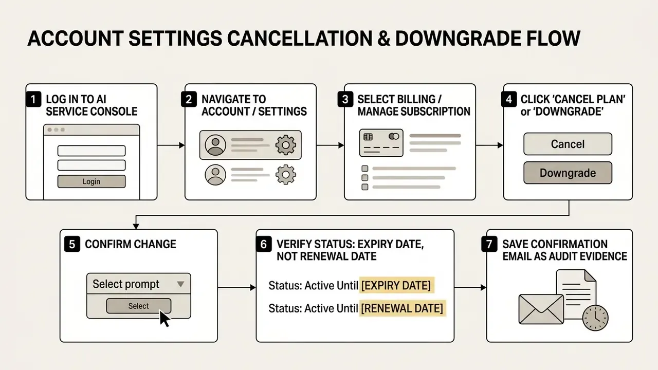Seven-step diagram showing the process to cancel or downgrade an AI service subscription