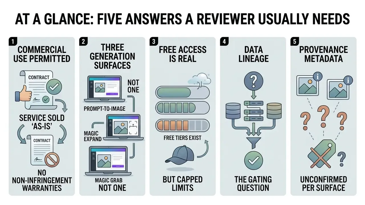 Infographic summarizing legal, access, and data provenance facts for the Canva AI art generator service