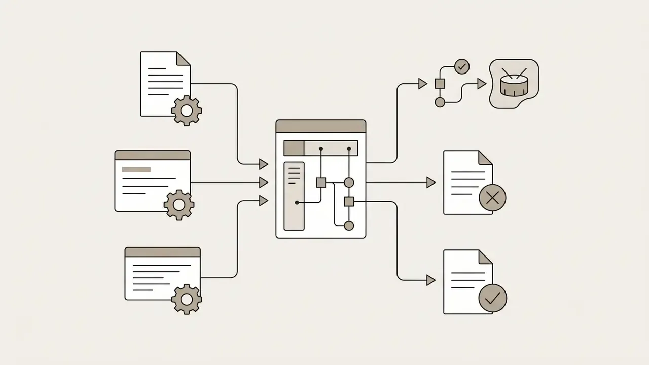 Documents with gear icons feeding into a central processor that branches into varied output results