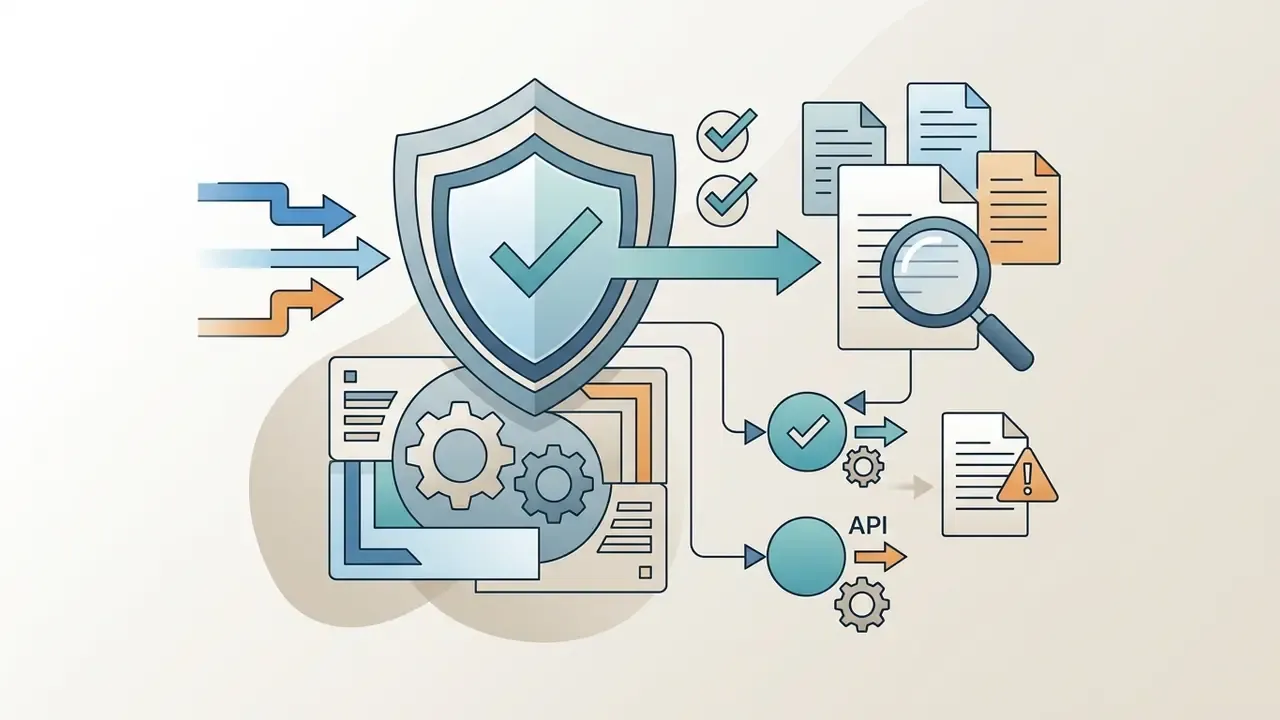 Shield icon protecting data flows and documents being audited for API compliance and security standards