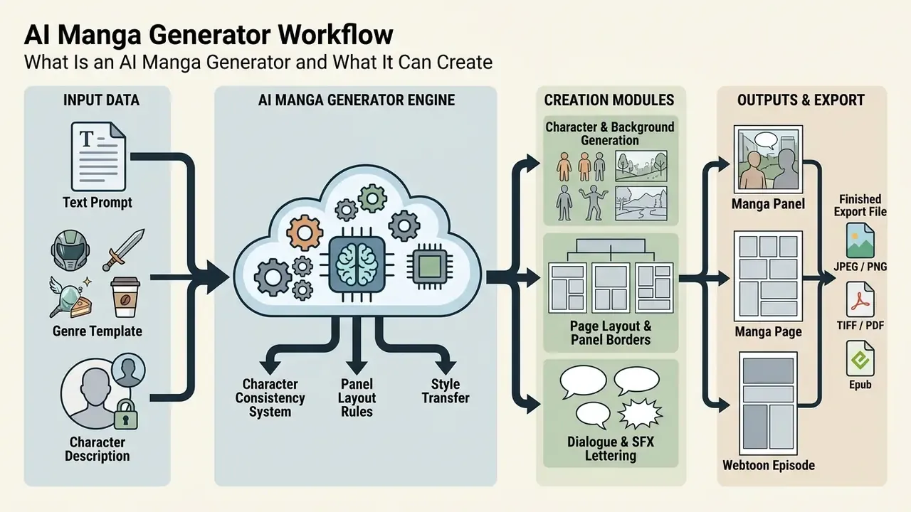 Diagram showing the stages of an AI manga generator from initial inputs to final file exports