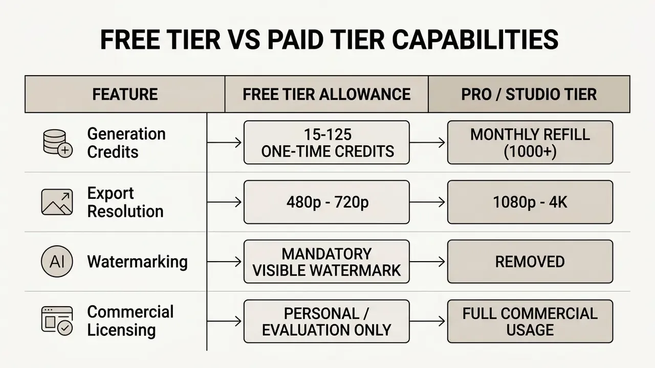 Table comparing generation credits, resolution, watermarking, and licensing between free and paid tiers
