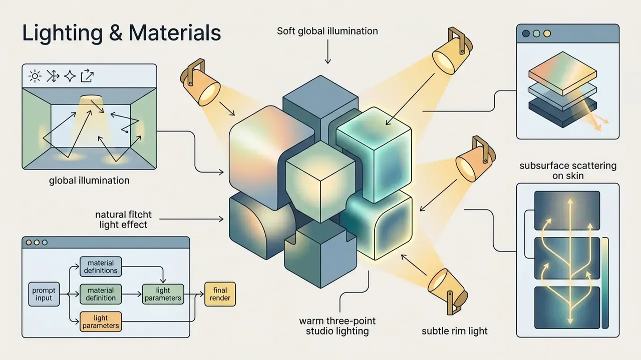 Central cube cluster surrounded by studio lights and technical panels explaining 3D rendering effects