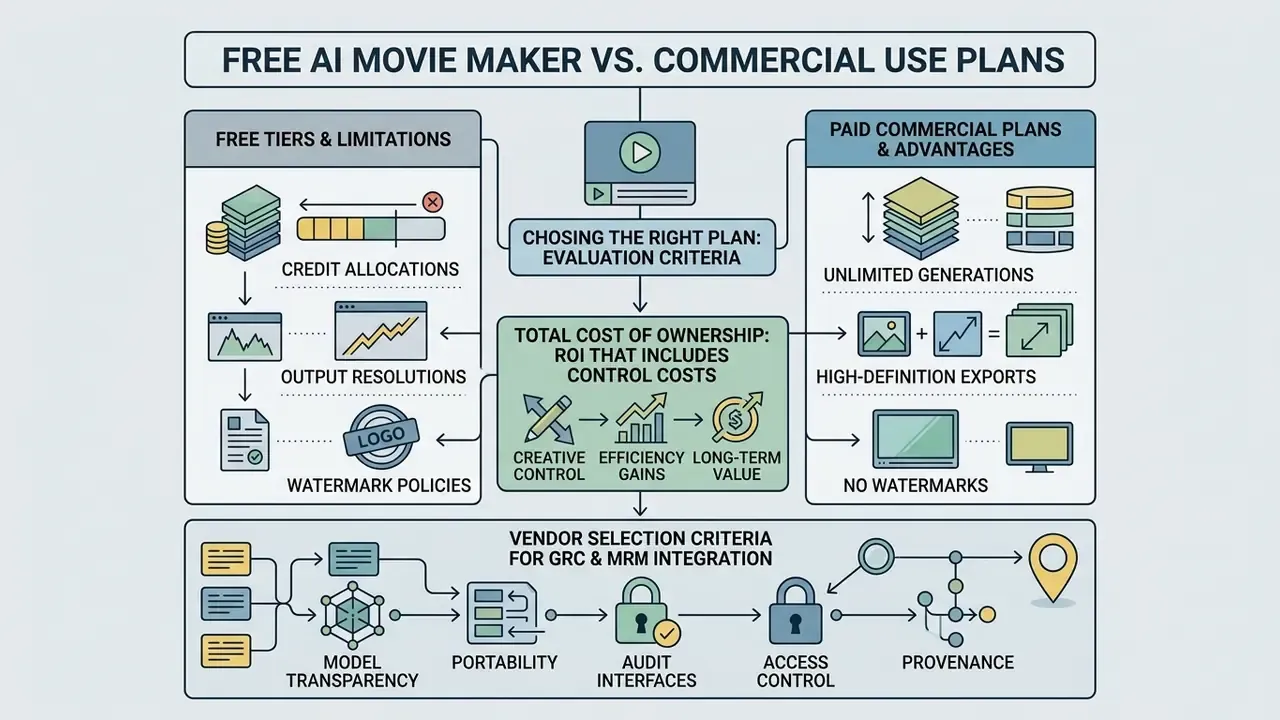 Comparison infographic evaluating free versus paid video generation plans and vendor selection criteria