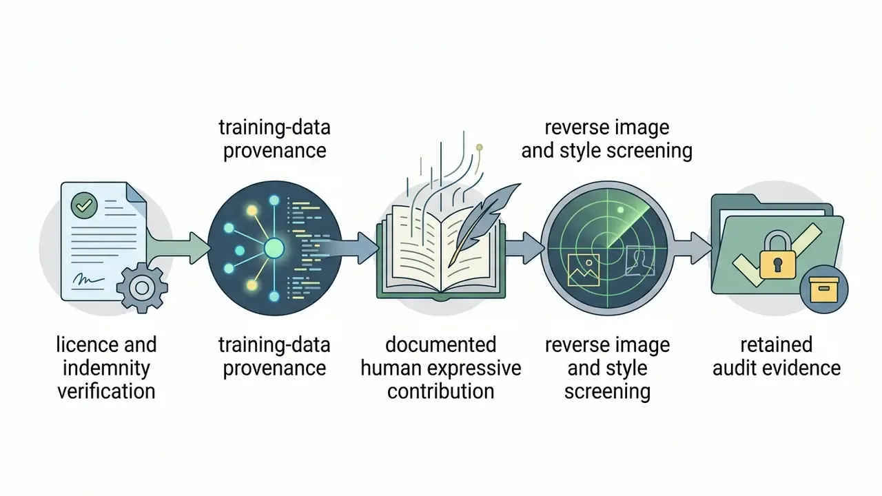 Linear sequence of icons representing compliance steps for mitigating risks associated with AI art