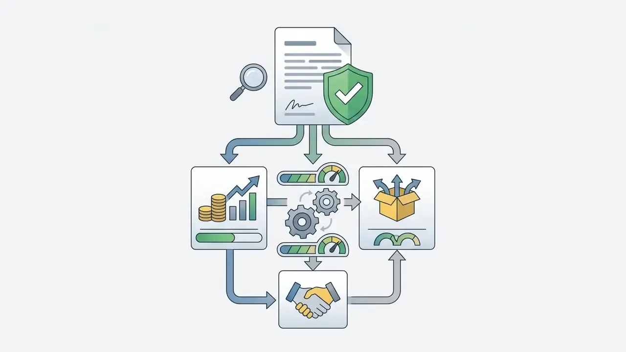 Contract with a shield icon flowing into financial, processing, and output stages with a handshake symbol