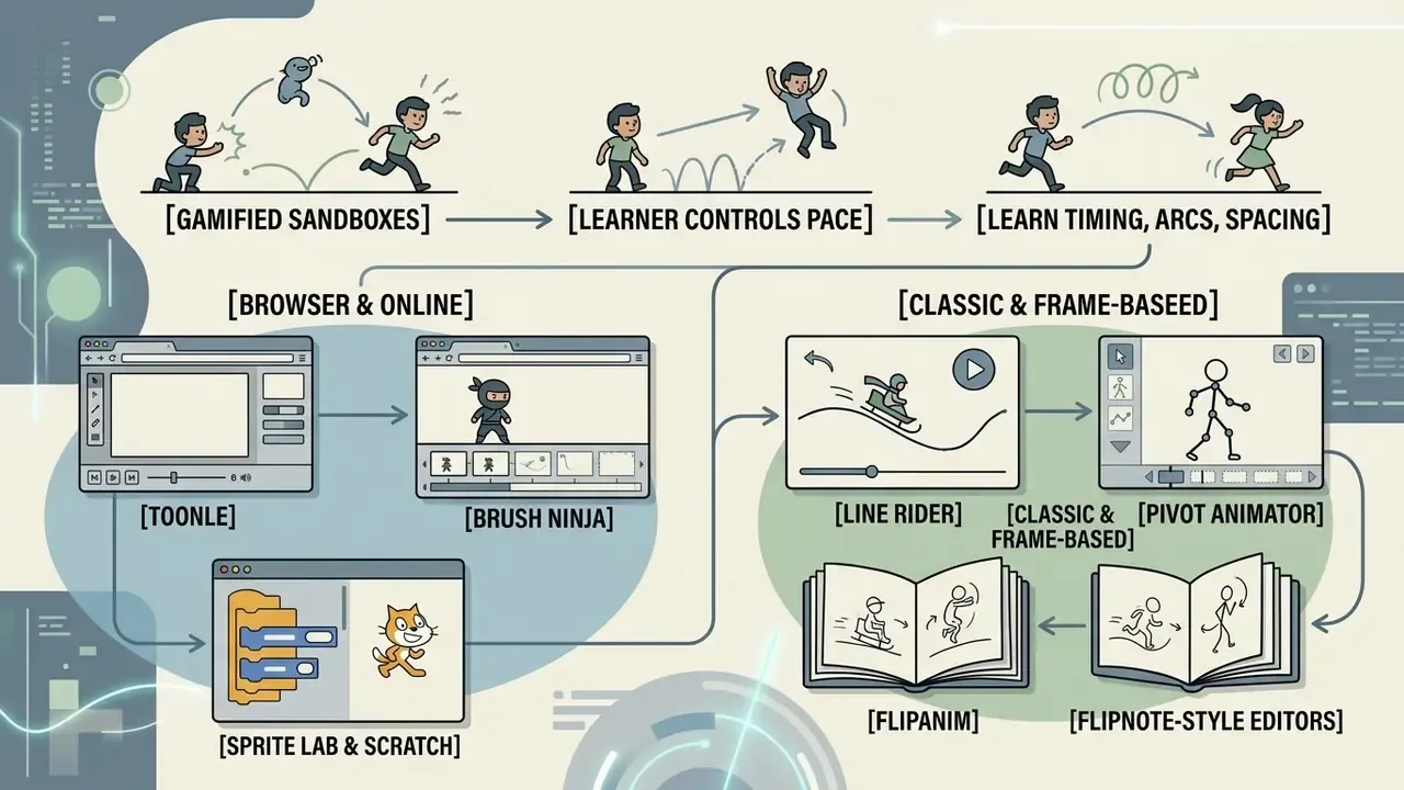 Flowchart showing how gamified sandboxes help users learn animation principles through interactive tools