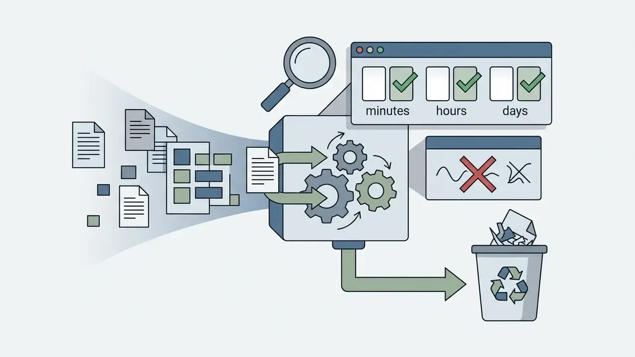 Files flowing into a processing box with gears and a timer leading to a recycling bin