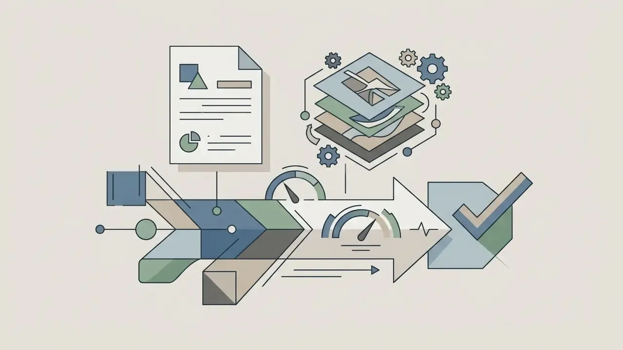 Document and layered gear icons connected to an arrow with speed gauges and a final checkmark