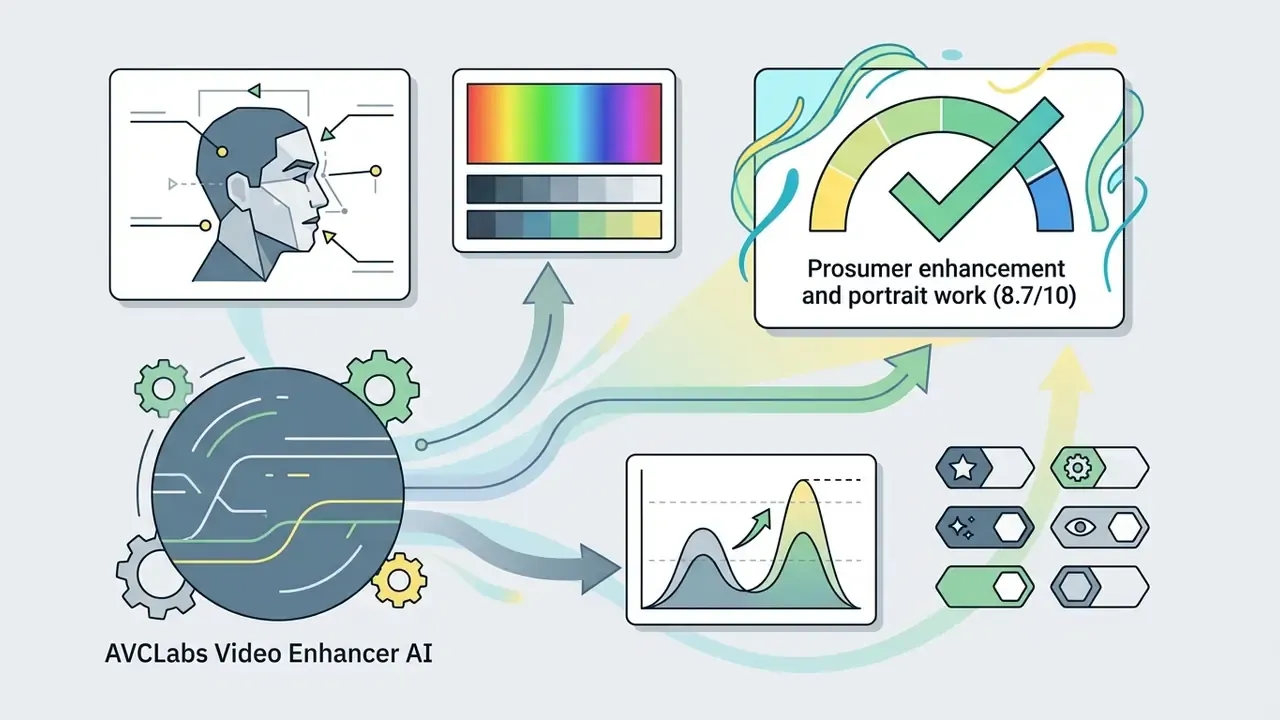 AVCLabs Video Enhancer AI processing portrait refinement, color grading, and performance metrics