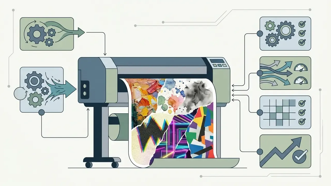 Large format printer producing a collage of diverse artistic textures and graphic styles