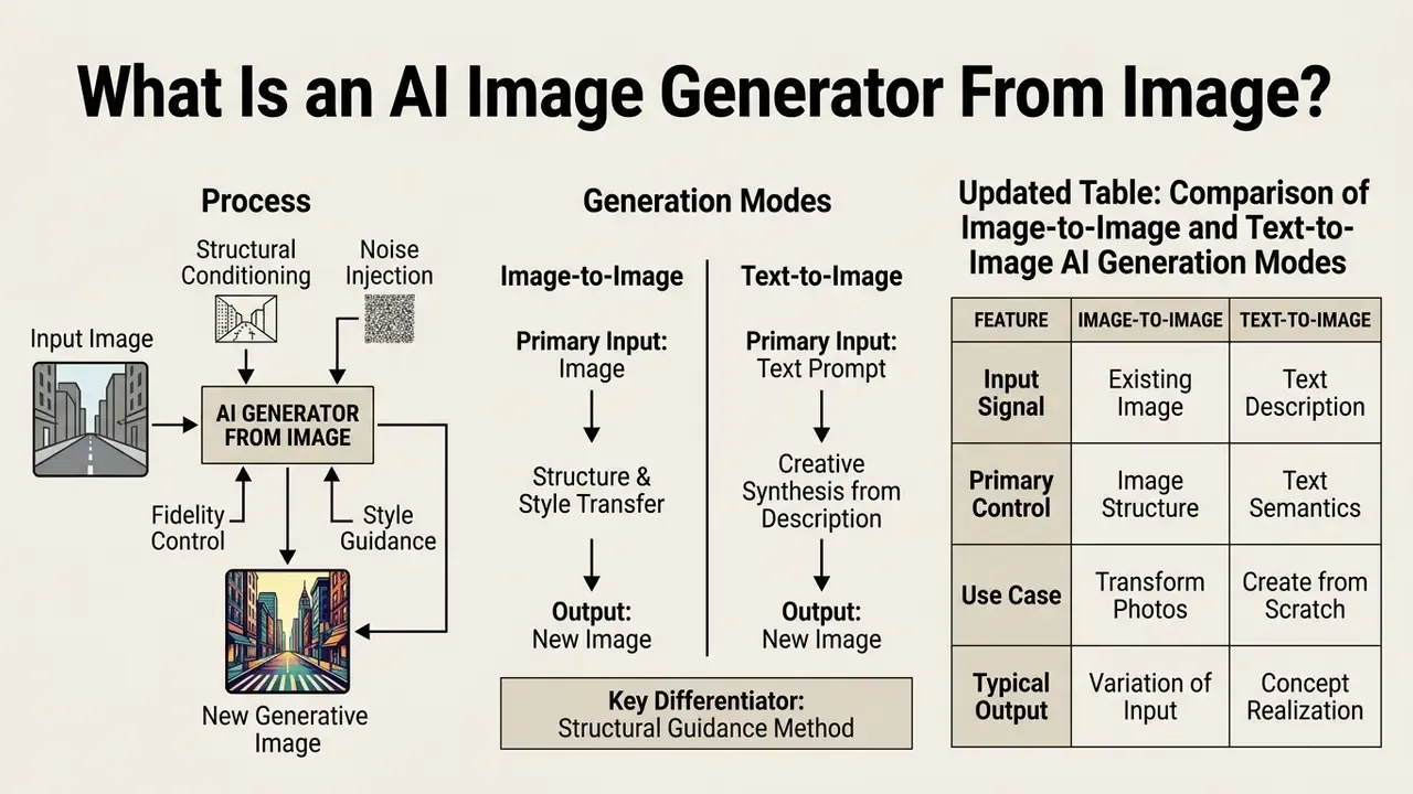 Diagram comparing image-to-image and text-to-image generation processes alongside a summary table