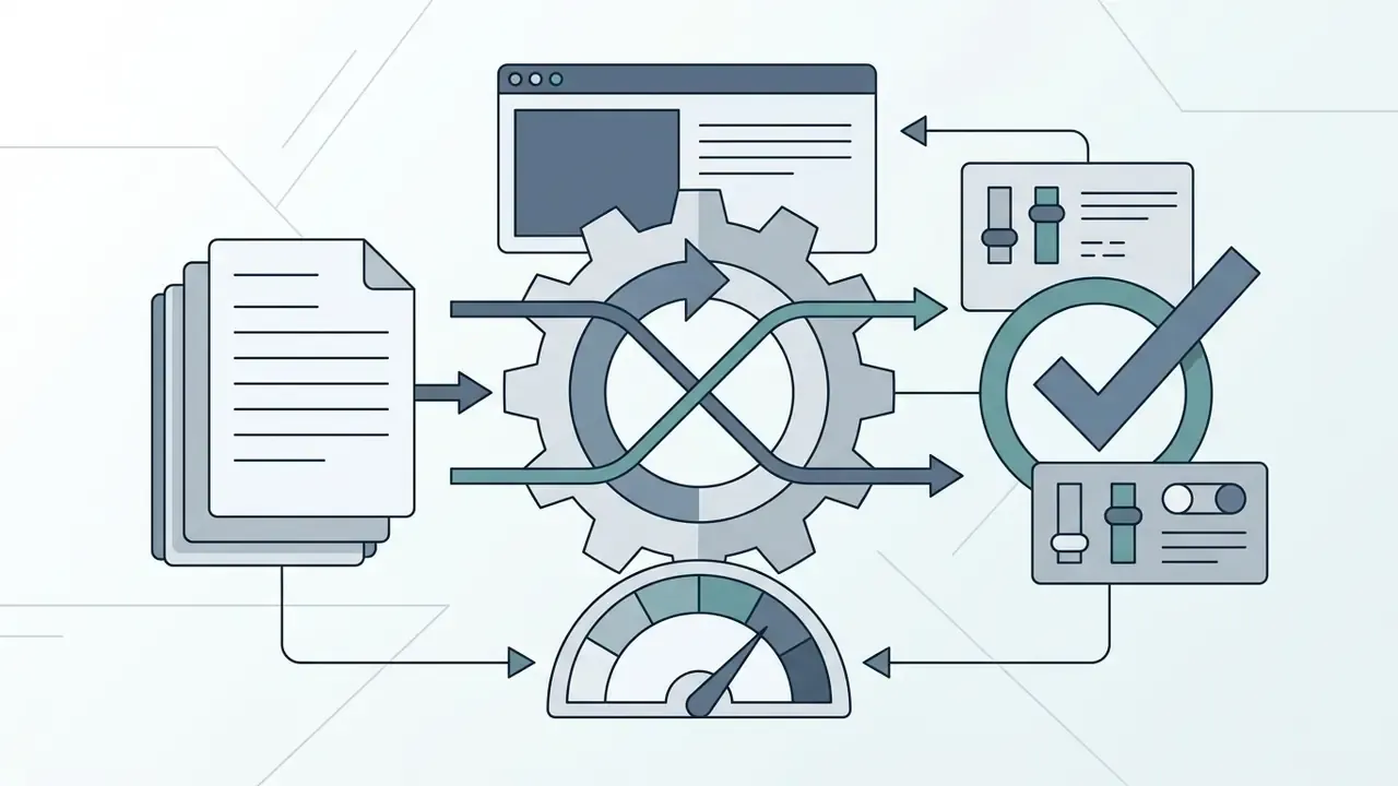 Documents feeding into a central gear mechanism with control sliders and a checkmark for output validation