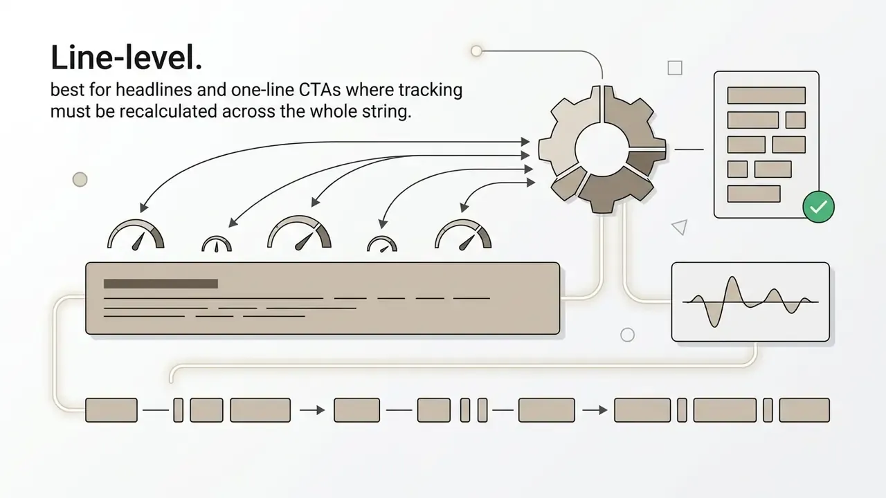 Gear icon processing text segments from a line into a document with a green checkmark
