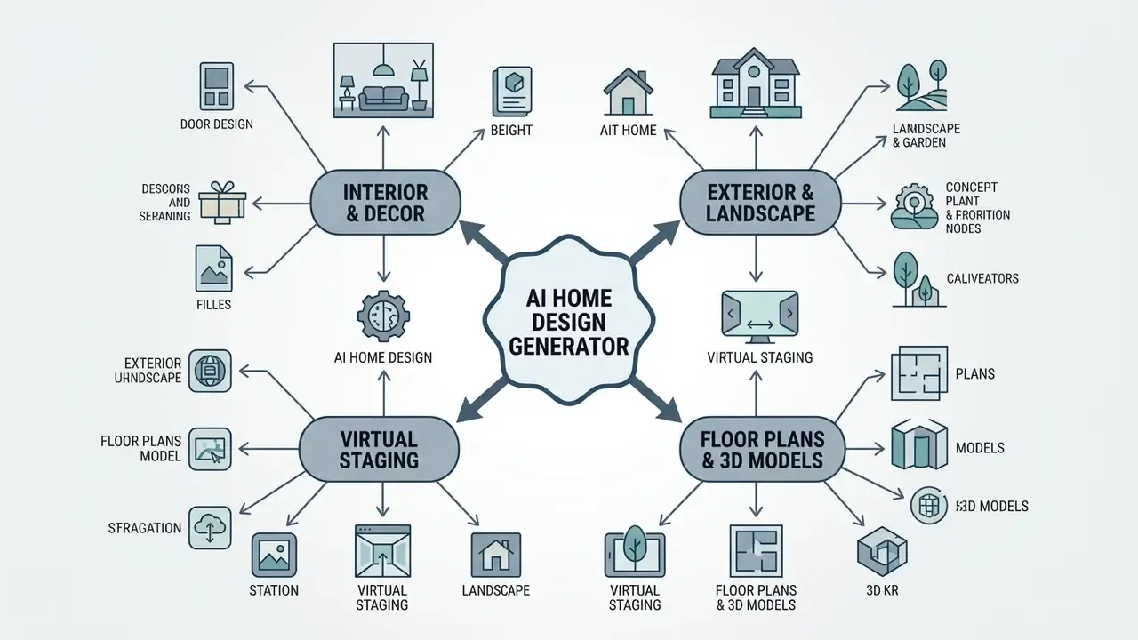 Mind map illustrating the core functions and subcategories of an AI home design generator