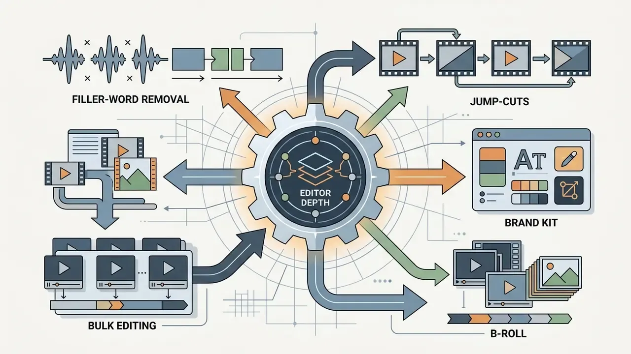 Central gear icon connected to editing features like filler-word removal, jump-cuts, and brand kit
