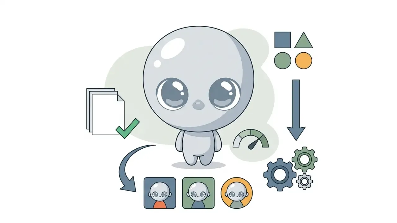 Chibi character with large eyes surrounded by geometric shapes, gears, a gauge, and document icons