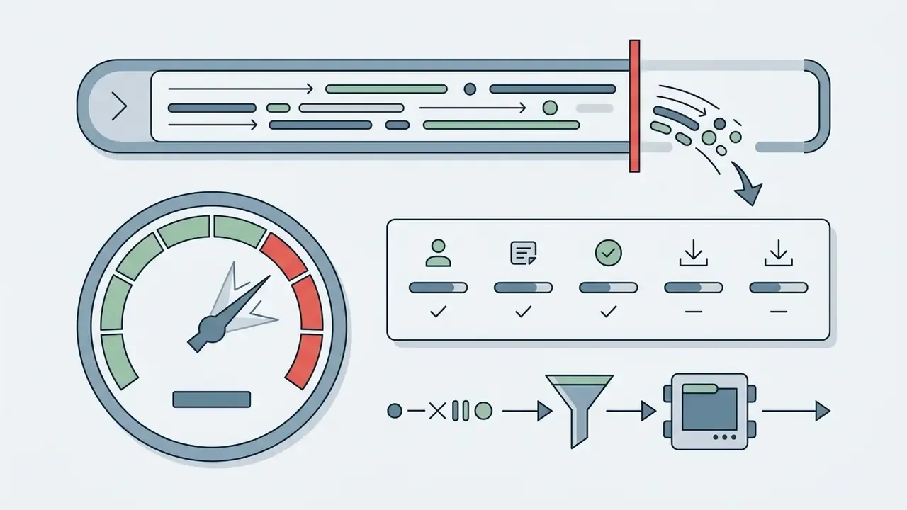 A gauge, a status bar with icons, and a funnel processing data points into a digital output box